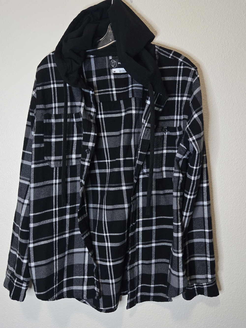 Original Use Black and Gray Plaid Button-Down Shirt with Hood